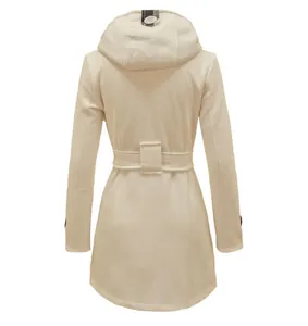 Women's elegant cream hooded wool coat featuring plaid accent detail and waist belt