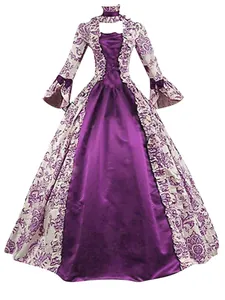 Vintage Victorian style purple floral court evening gown with flared bell sleeves dress