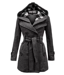 Elegant grey women's mid-length wool coat with plaid hood and double-breasted buttons.