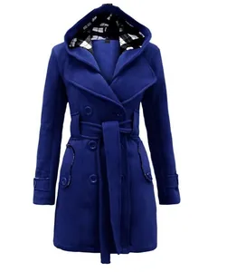 Elegant blue women's hooded wool coat with plaid lining and double-breasted belt