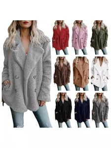 Damen Casual Plüsch Kunstpelz Mantel Revers Doppelreihig Locker Warm Jacke Einfarbig Tasche Oberbekleidung Für Winter Damen