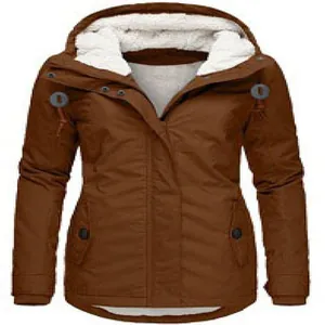 Damen Winterparka in Braun mit Kapuze und dickem weißem Fleecefutter, mittellanges Design