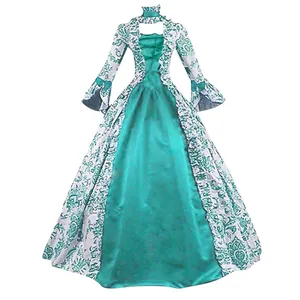 Elegant vintage green court-style printed long sleeve flared cuff evening gown dress