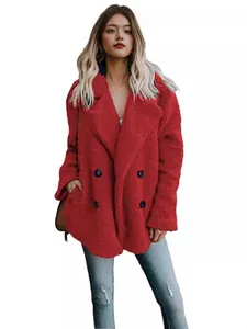 Warmer roter Teddy-Plüschmantel für Damen mit zweireihigen Knöpfen und elegantem Reverskragen