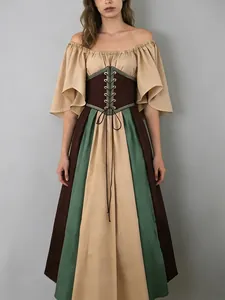 Dames Middeleeuwse Renaissance Jurk Off Shoulder Patchwork Maxi Jurk Gothic Paleis Stijl Performance Kostuum Retro Gewaad