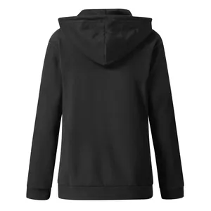 Back view of a thick black long-sleeved hooded zip-up sweatshirt for women.