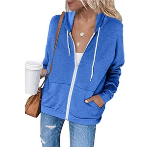 Blue solid color long sleeve drawstring zip-up hoodie for women with front pockets