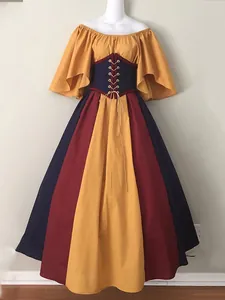 Middeleeuwse Renaissance maxi-jurk met kleurblok patchwork en taille-insnoering design