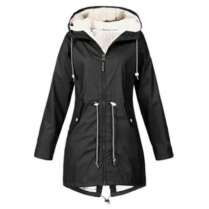 Front view of black waterproof hooded jacket with warm fleece lining and drawstring waist