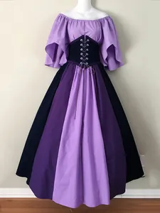Middeleeuwse retro jurk met blote schouders, korset taille en kleurblokken voor vrouwen