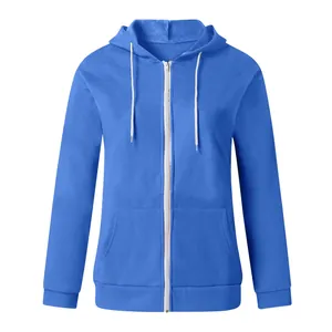 Front view of a thick blue women's zip-up hoodie with white drawstrings and pockets