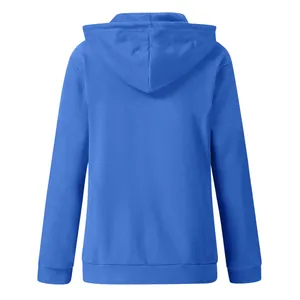Detailed back view of a solid blue women's long-sleeved drawstring hooded zip-up sweatshirt