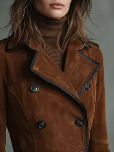 Detailaufnahme der eleganten braunen Wildleder-Bikerjacke mit schwarzem Lederbesatz und Kragen