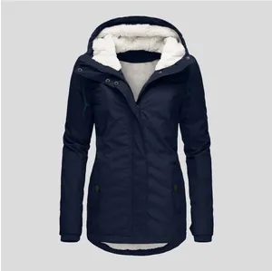 Close-up of winter hooded parka jacket with white sherpa fleece lining
