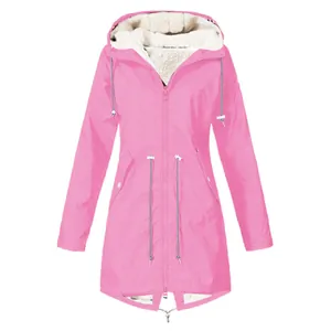 Front view of pink waterproof hooded parka with a soft white fleece lining detail