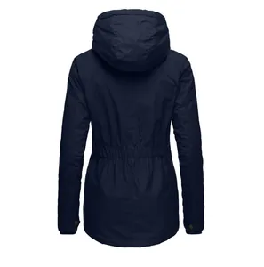 Detailed back view of a navy blue winter hooded parka featuring a drawstring waist