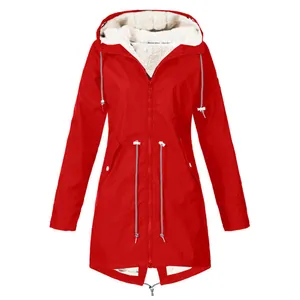 Red waterproof fleece-lined hooded jacket detail showing white warm inner lining