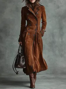 Damen Elegant Vintage Doppelreihig Kunstleder Suedemantel Lang Trenchcoat Revers Moto Biker Jacke Für Party Damen Mantel