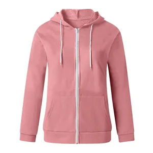 Women's solid pink zip-up hoodie with drawstring hood and front pockets, long sleeve style
