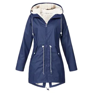Front view of dark blue waterproof hooded jacket highlighting soft white fleece lining.