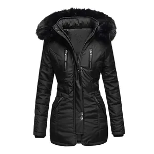 Parka mi-longue noire pour femme avec empiècements en cuir PU et col en fausse fourrure