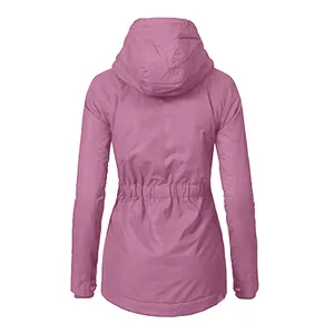 Detailed back view of a mauve thick hooded winter parka with adjustable drawstring waist