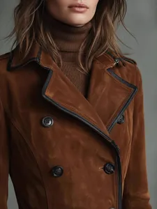 Eleganter Vintage-Wildleder-Motorradjacke in Braun mit schwarzen Lederpaspeln und Details