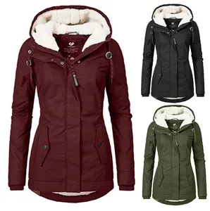 Detailed view of three colors of women's winter parka jackets with cozy white fleece lining