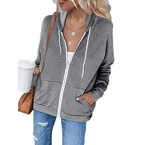 Premium women's gray zip-up hooded sweatshirt with drawstrings and side pockets