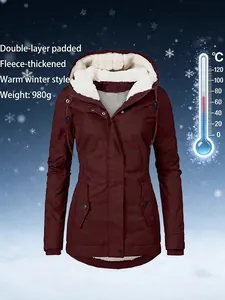 Women Mid Length Hooded Padded Coat Winter Warm Parka Jacket Fleece Lined Slim Fit Outerwear Zipper Pockets Casual Overcoat