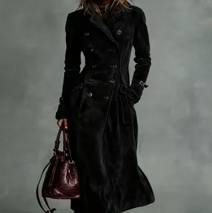 Elegant black suede double-breasted long trench coat for women with classic lapels