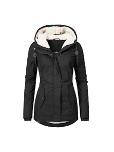 Stylish women's black winter parka jacket with hooded white fleece lining inside