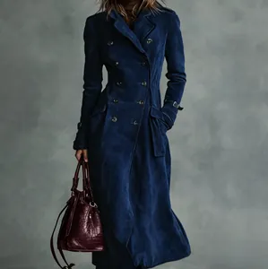 Elegant navy blue suede double-breasted long trench coat with a vintage aesthetic look