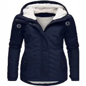 Warm navy blue women's thick winter parka jacket with a white fleece lined hood