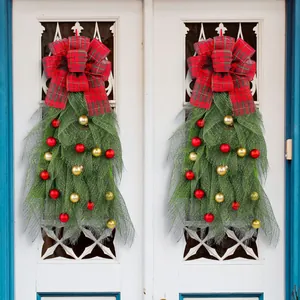 Christmas teardrop swag with mesh foliage, plaid bow, and red gold baubles