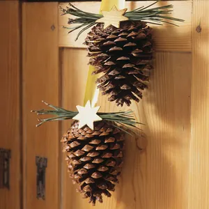 Large 15cm Christmas pinecone ornaments with gold stars and yellow ribbons