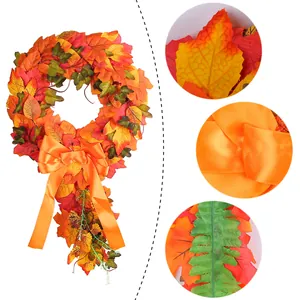 Harvest autumn maple leaf wreath with orange ribbon for home wall and front door decoration