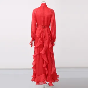 Back view of red retro palace style dress with ruffles and lace-up waist