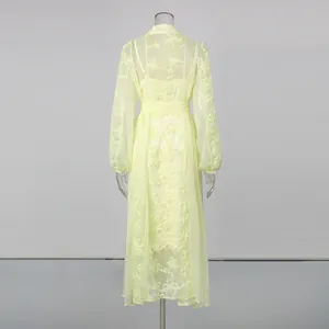 Vue arrière d'une robe longue en mousseline jaune pâle brodée avec taille cintrée.