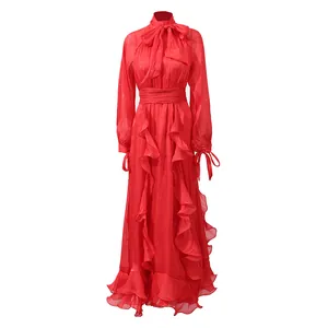 Elegant red retro court style maxi dress featuring ruffles and a chic bow neckline