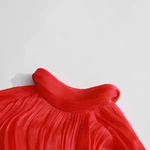 Detailed close-up of elegant red vintage pleated dress with stand-up collar design.