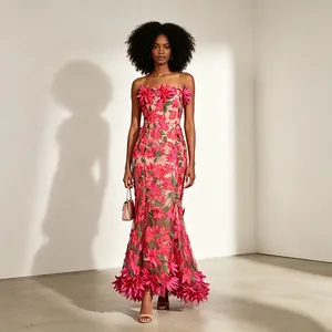 Elegant French vintage strapless evening gown with intricate pink floral embroidery