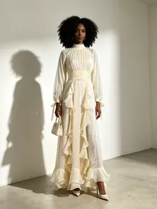 Retro Court Style Stand Collar Lace Up Maxi Dress Women Summer Ruffle Lantern Sleeve Solid Color Polyester Cotton Dress