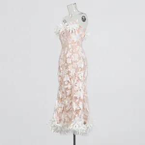 Elegant French retro tube dress featuring white floral embroidery and 3D petal details