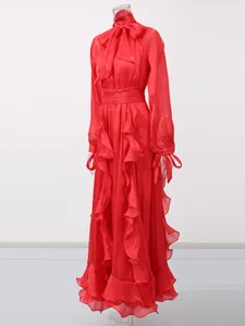 Elegant red vintage court style maxi dress with high neck bow tie and tiered ruffled hem