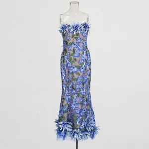 Elegant French vintage style blue floral embroidered mesh tube dress with mermaid hem