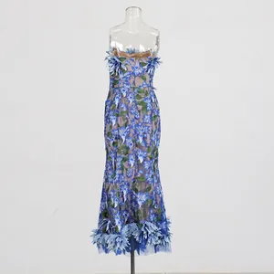 Detail view of French retro floral embroidery mesh splicing tube top bodycon dress