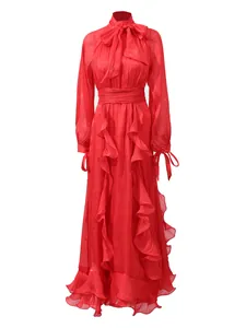 Elegant red vintage palace style maxi dress with ruffled skirt and bow tie neck
