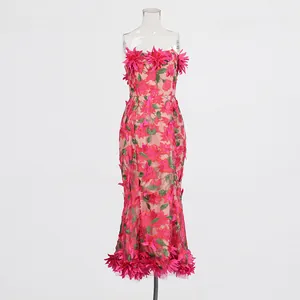 Detailed view of pink floral embroidered mesh dress with 3D appliqués
