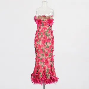 French strapless dress featuring 3D floral embroidery and elegant mesh mermaid hem